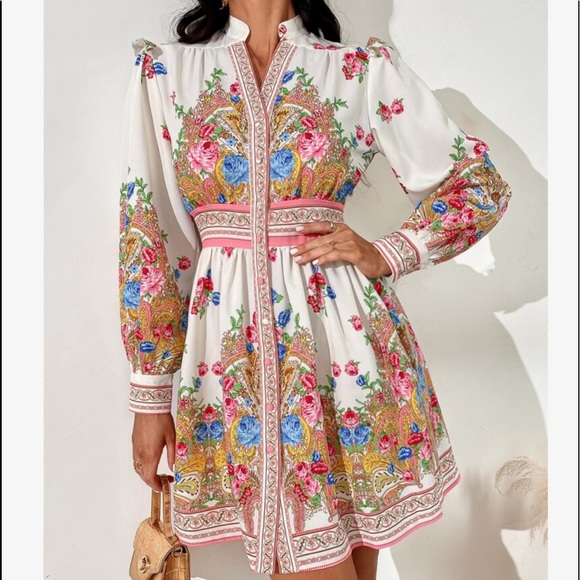 Boho Floral Print High Neck Collar Puff Sleeve Shirt Dress - Picture 4 of 6